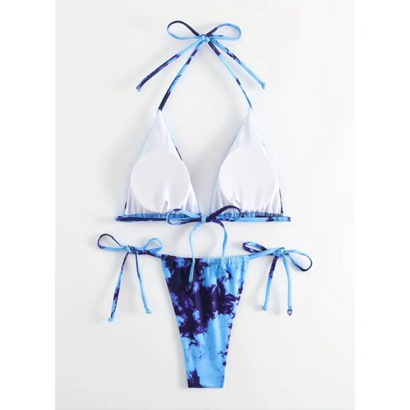 NEW Blue Tie Dye Thong Micro String Bikini Size Medium - Picture 3 of 5